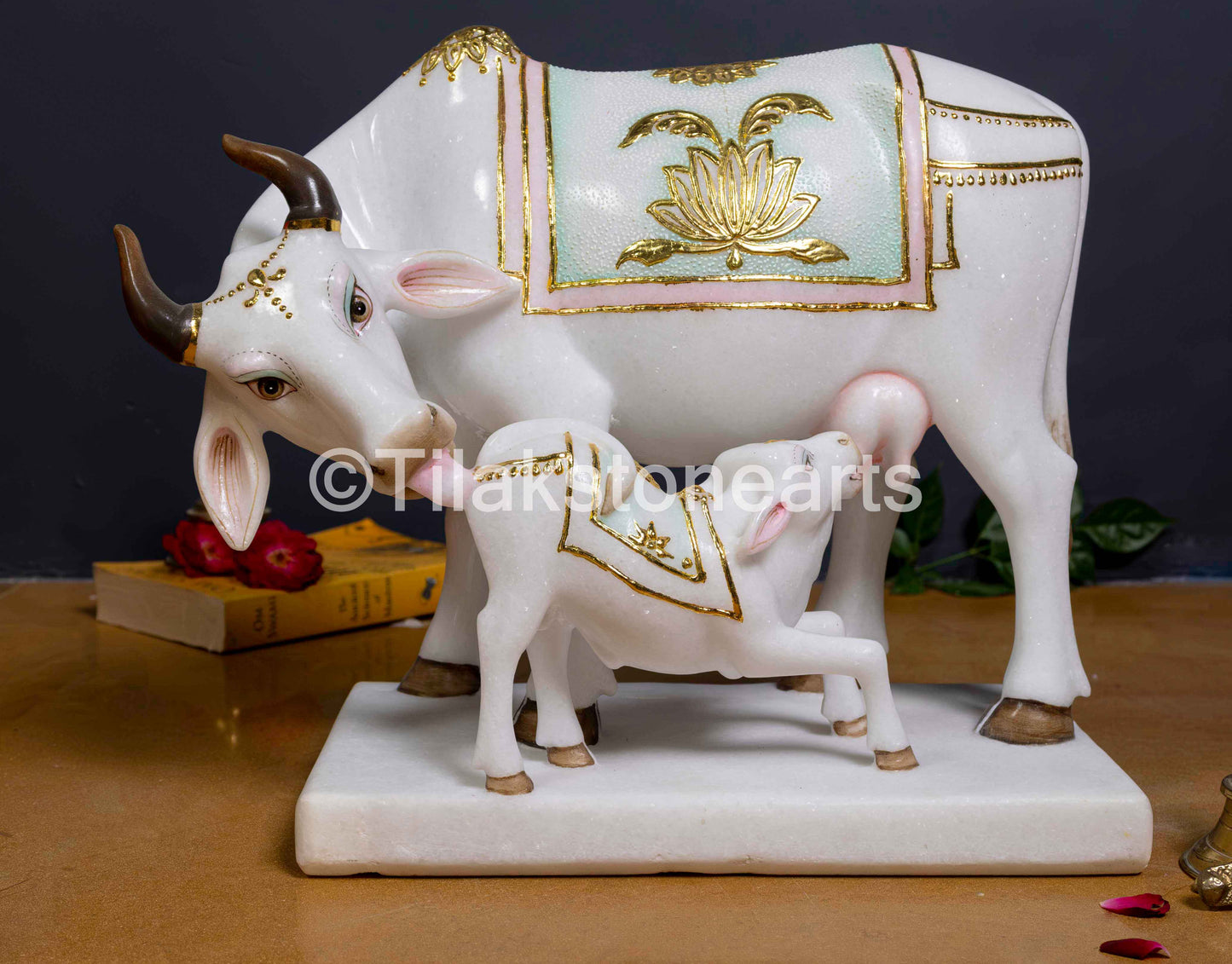 Kamdhenu Cow and Calf 12" Vietnam Pure White Marble Idol
