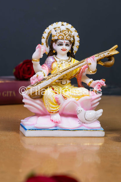 Saraswati Mata 6" Vietnam Pure White Marble Idol