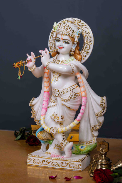 Lord Krishna 18" Vietnam Pure White Marble Idol
