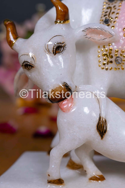 Kamdhenu Cow and Calf 6" Vietnam Pure White Marble Idol