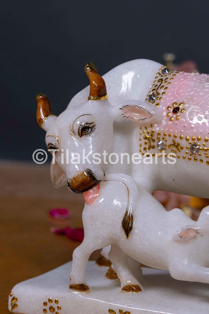 Kamdhenu Cow and Calf 6" Vietnam Pure White Marble Idol