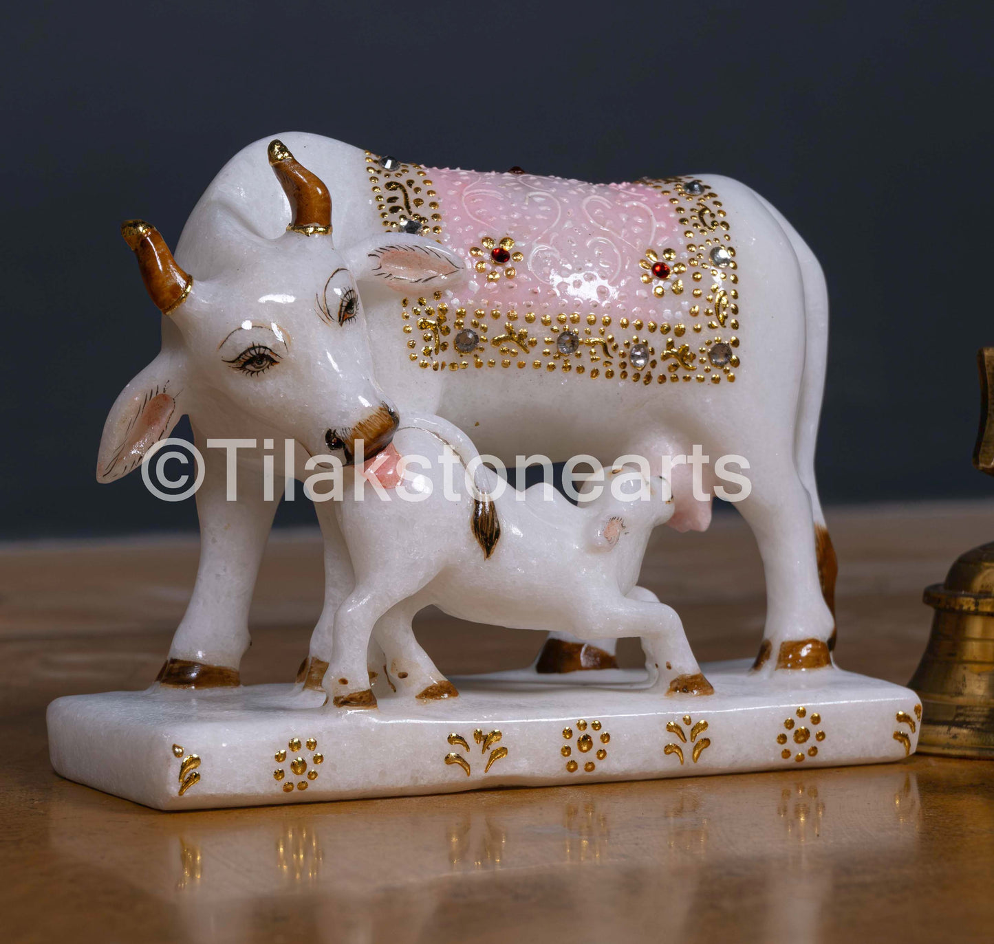 Kamdhenu Cow and Calf 6" Vietnam Pure White Marble Idol