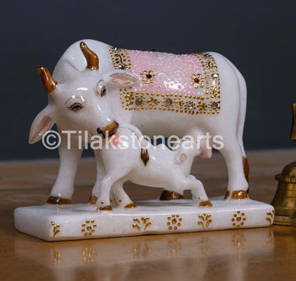 Kamdhenu Cow and Calf 6" Vietnam Pure White Marble Idol