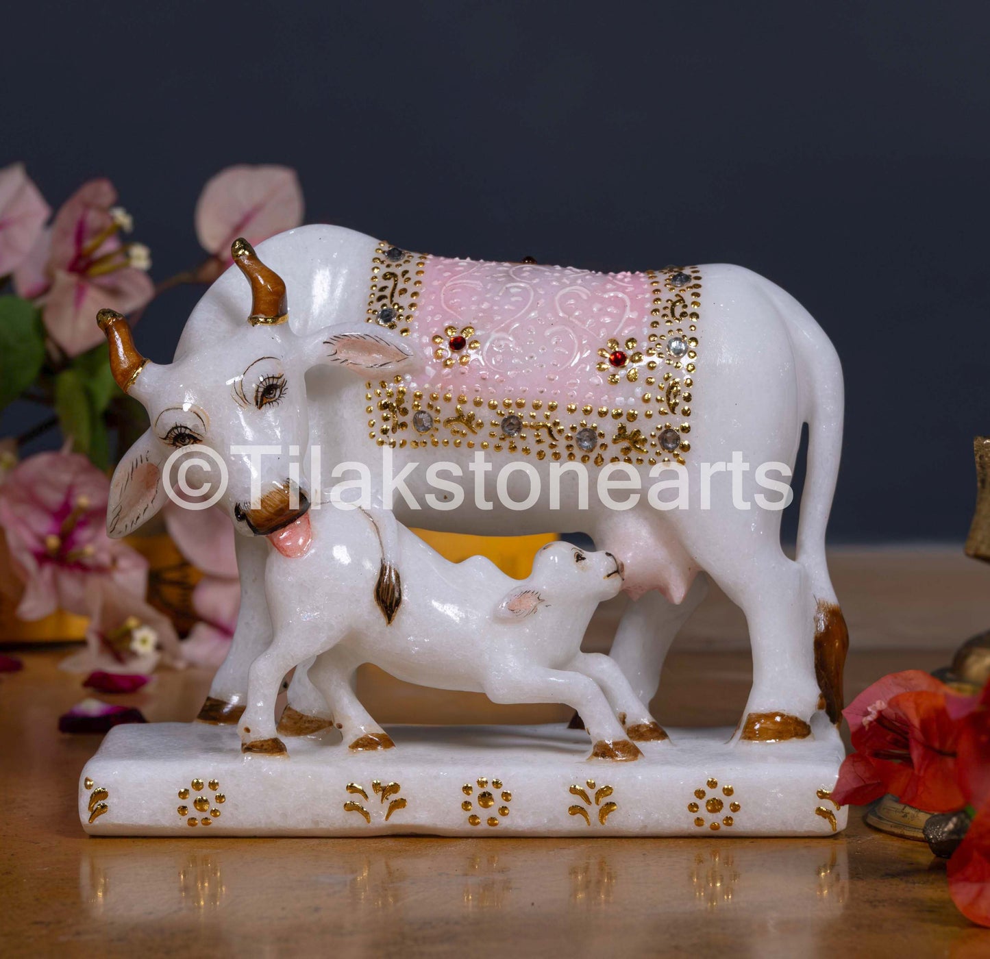 Kamdhenu Cow and Calf 6" Vietnam Pure White Marble Idol
