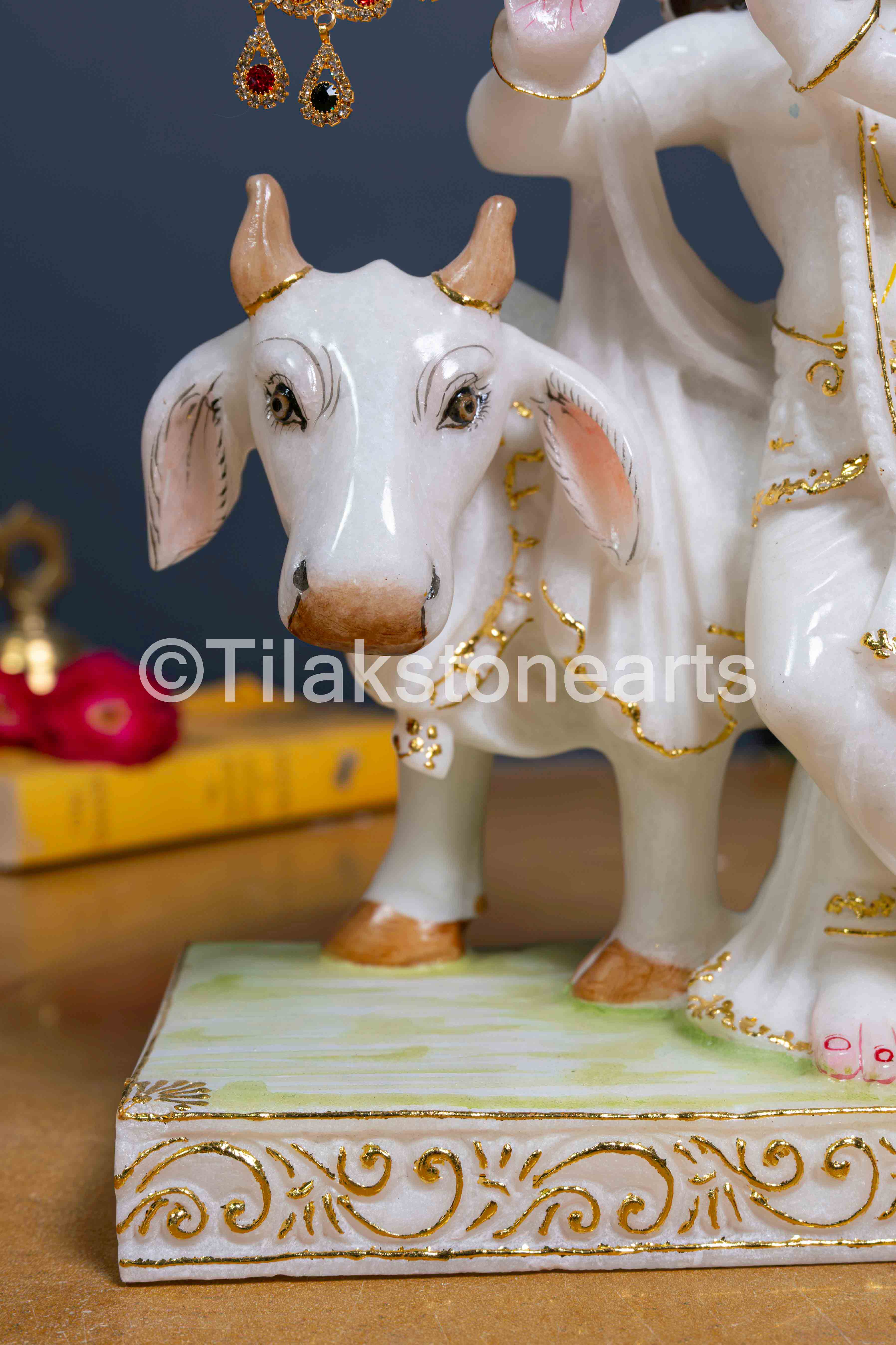 Kamdhenu Cow and Calf 12" Vietnam Pure White Marble Idol