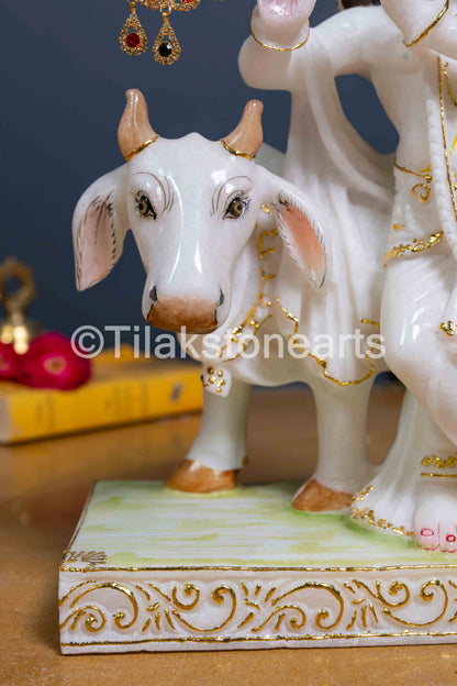 Kamdhenu Cow and Calf 12" Vietnam Pure White Marble Idol