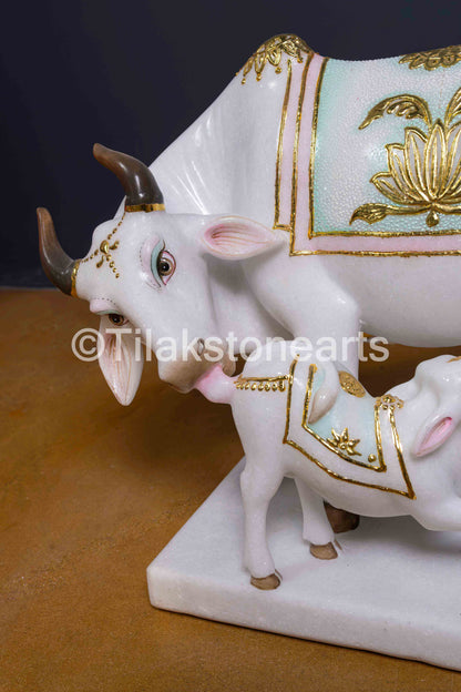 Kamdhenu Cow and Calf 12" Vietnam Pure White Marble Idol