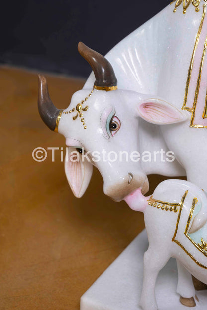 Kamdhenu Cow and Calf 12" Vietnam Pure White Marble Idol