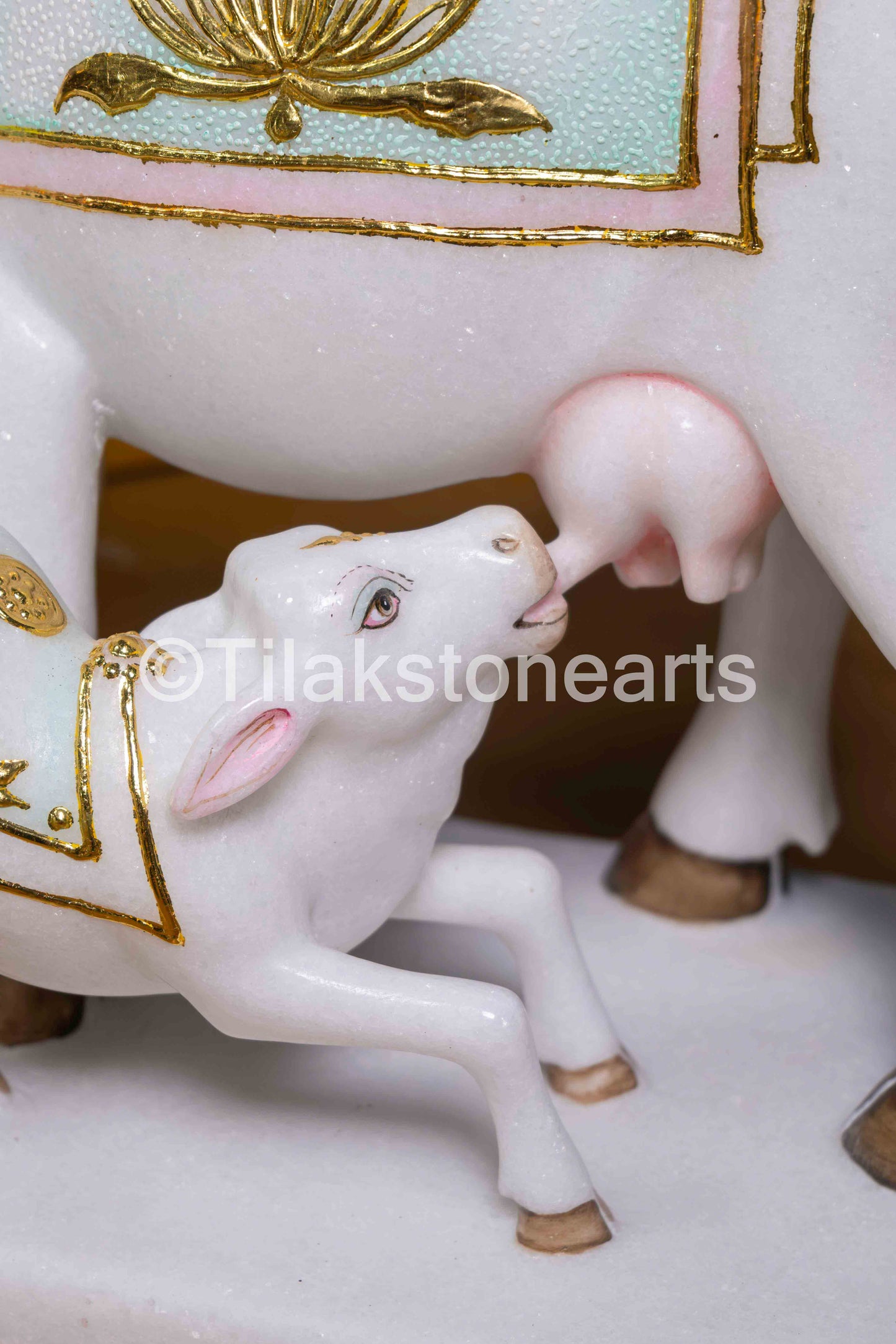 Kamdhenu Cow and Calf 12" Vietnam Pure White Marble Idol