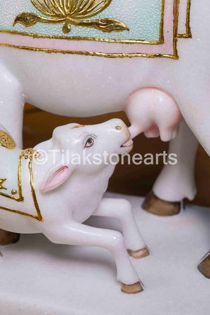 Kamdhenu Cow and Calf 12" Vietnam Pure White Marble Idol
