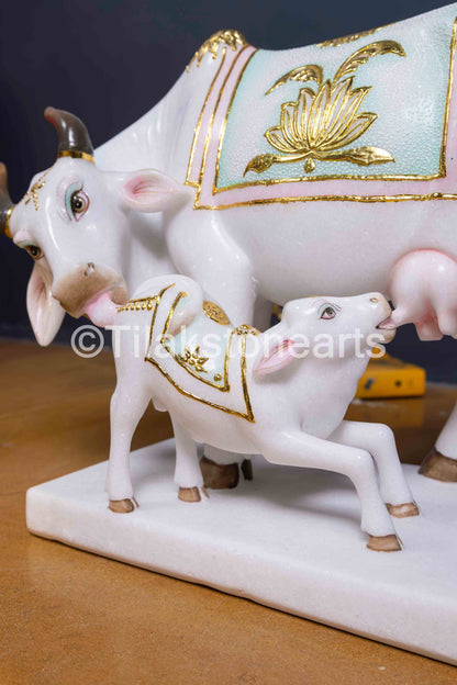 Kamdhenu Cow and Calf 12" Vietnam Pure White Marble Idol
