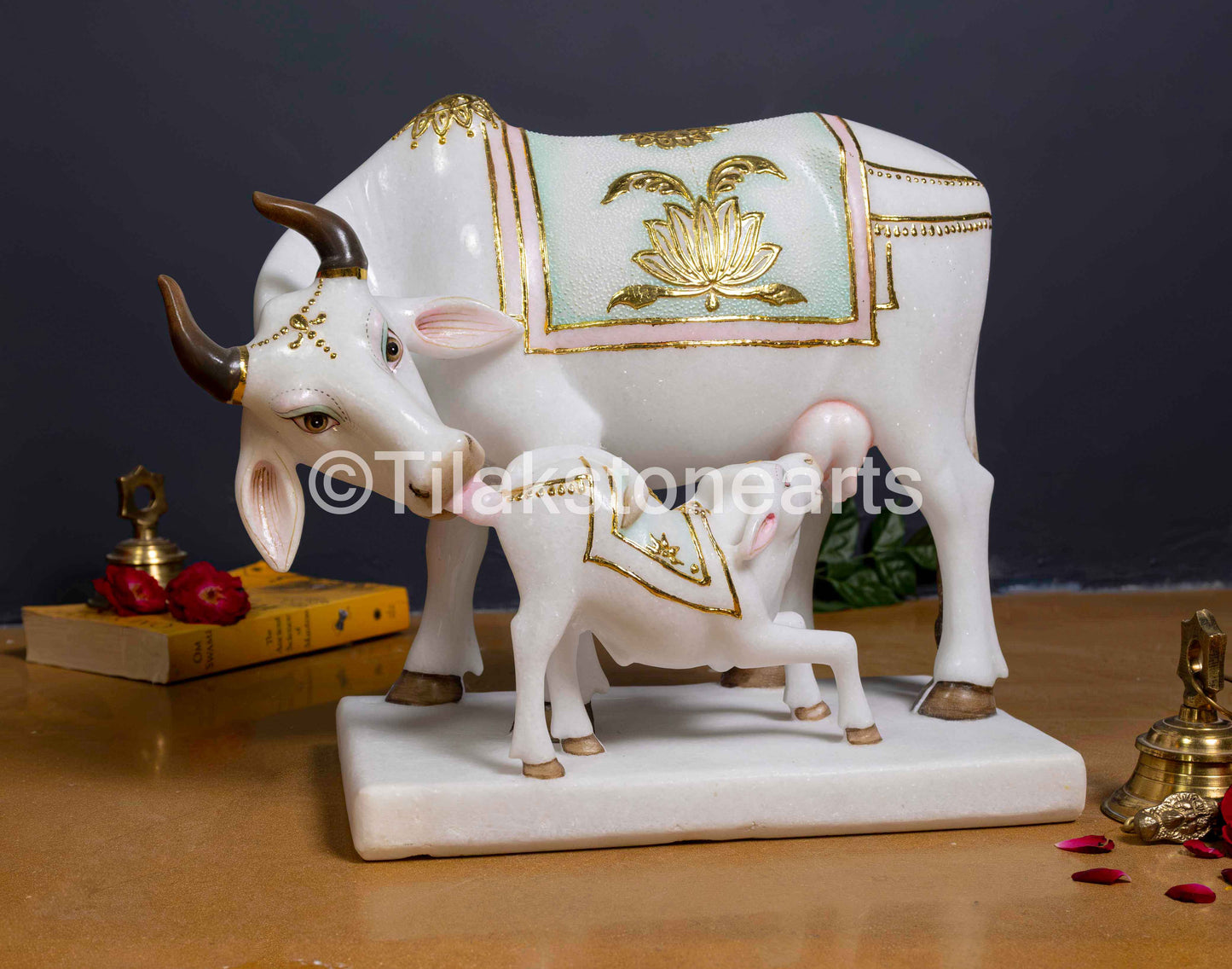 Kamdhenu Cow and Calf 12" Vietnam Pure White Marble Idol