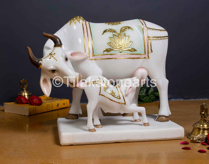 Kamdhenu Cow and Calf 12" Vietnam Pure White Marble Idol