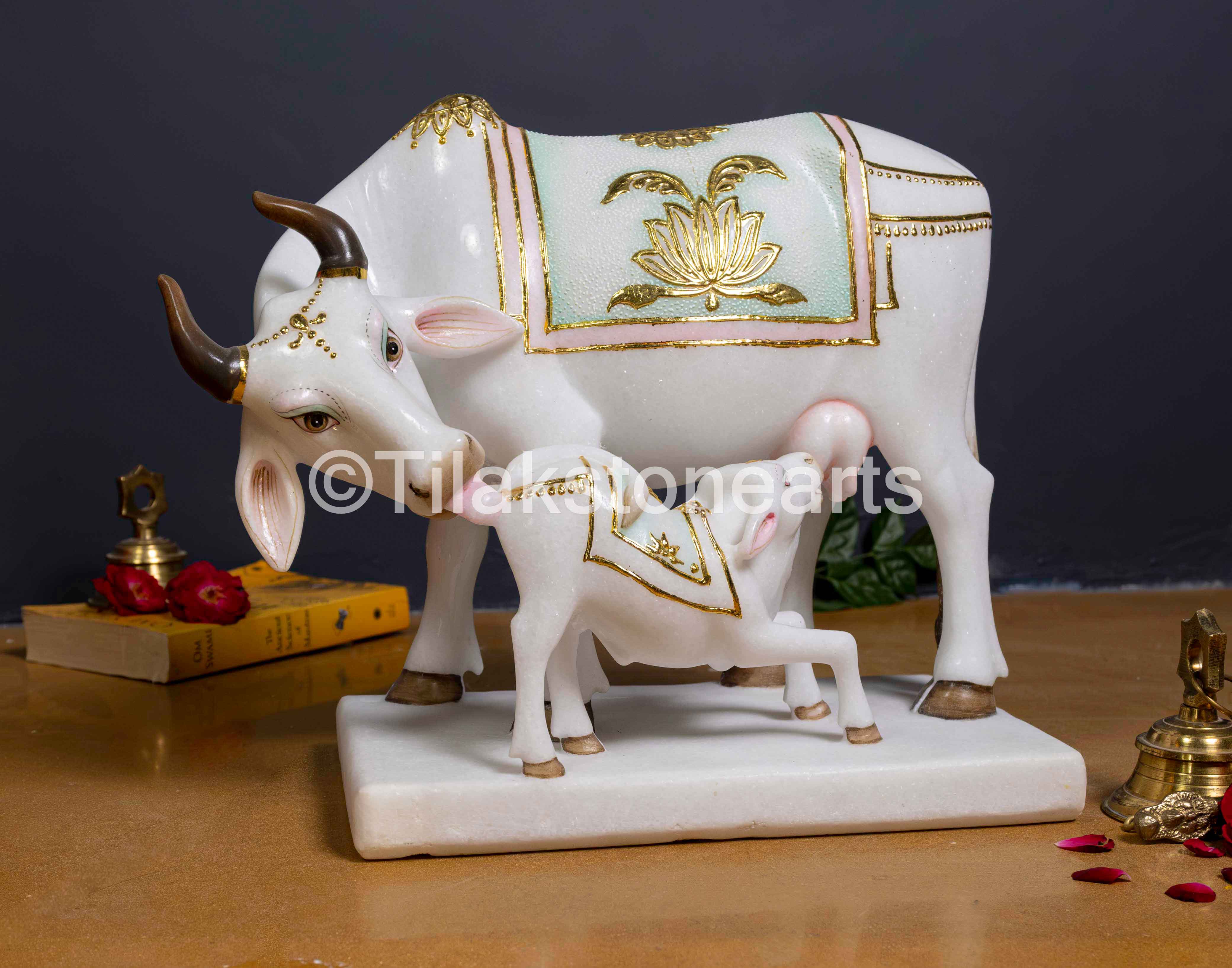 Kamdhenu Cow and Calf 12" Vietnam Pure White Marble Idol