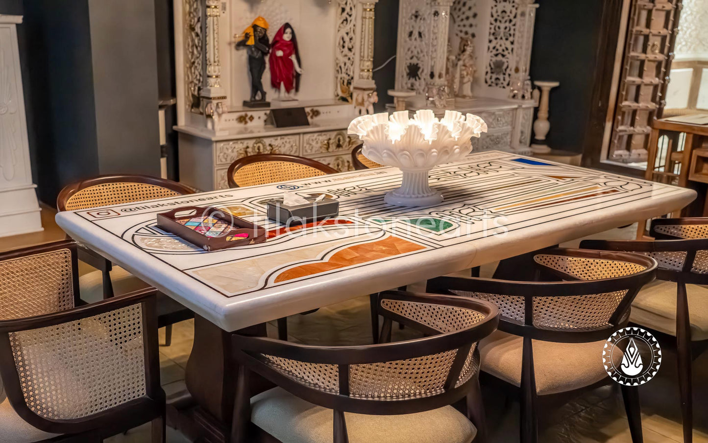 Dining Table 31" | Swiss White With Inlay Stones