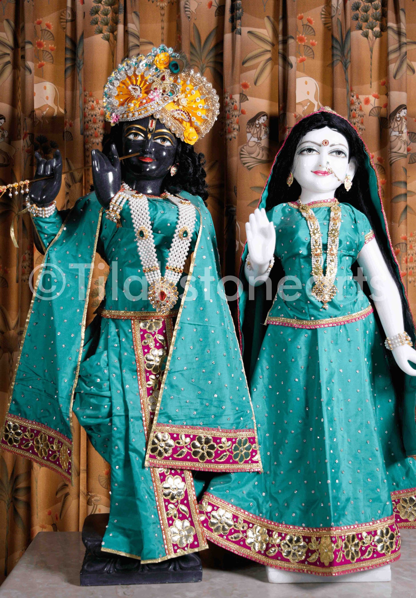 Isckon Radha Krishna 38" Vietnam Pure White & Natural Black Marble Idol