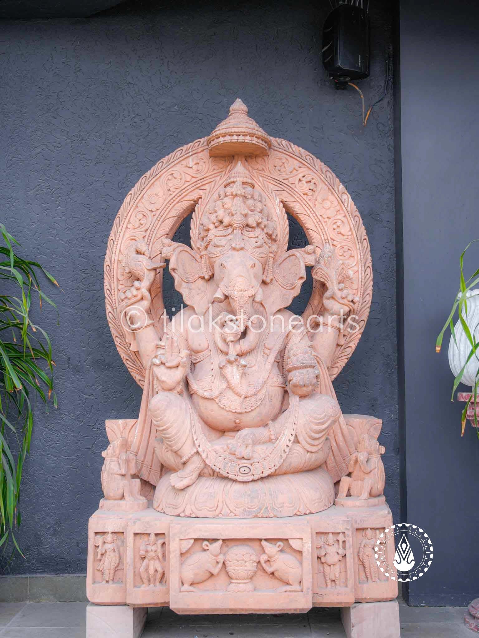 Ganesha On Throne Halo 72" | Red Sandstone