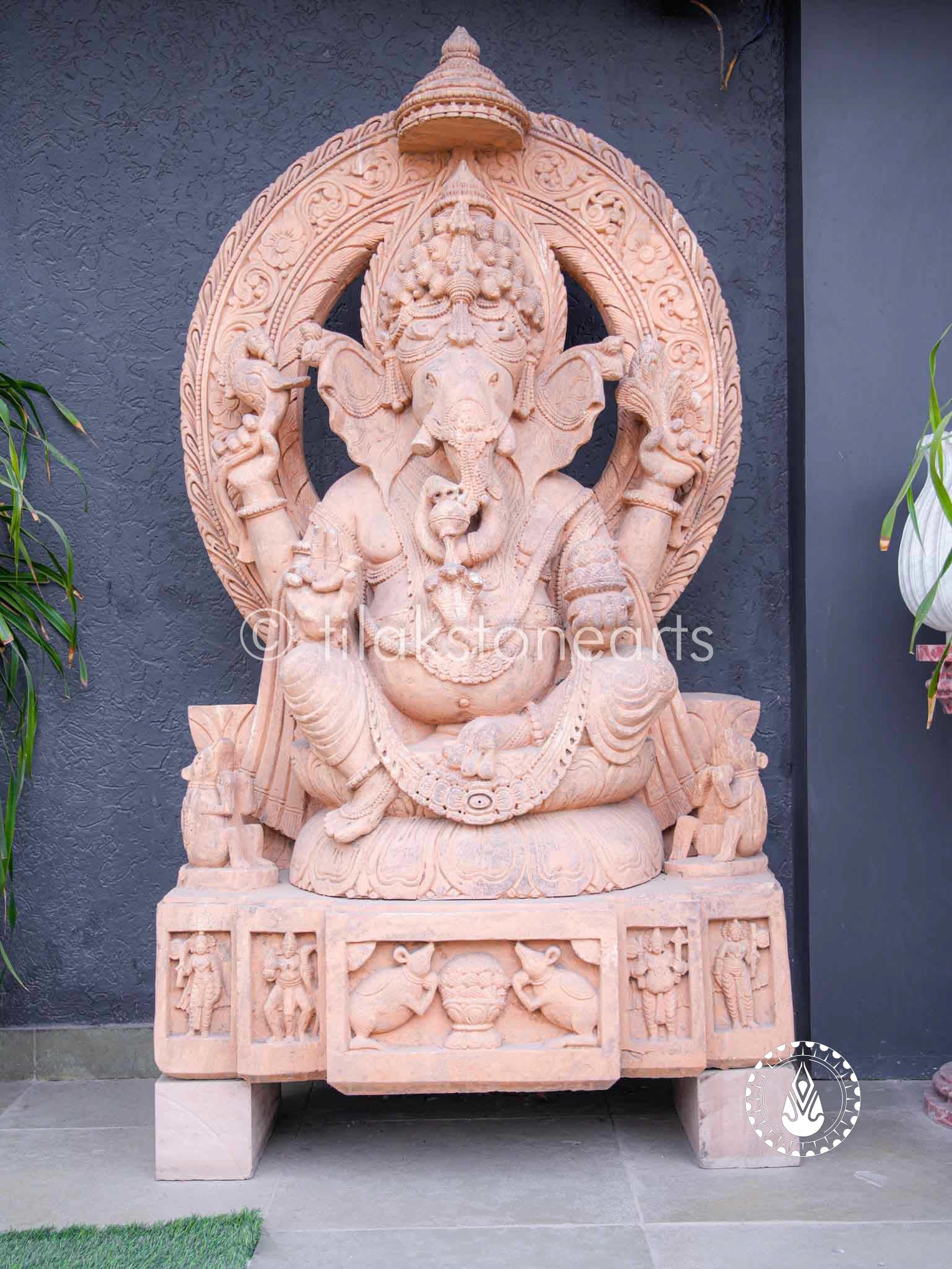 Ganesha On Throne Halo 72" | Red Sandstone