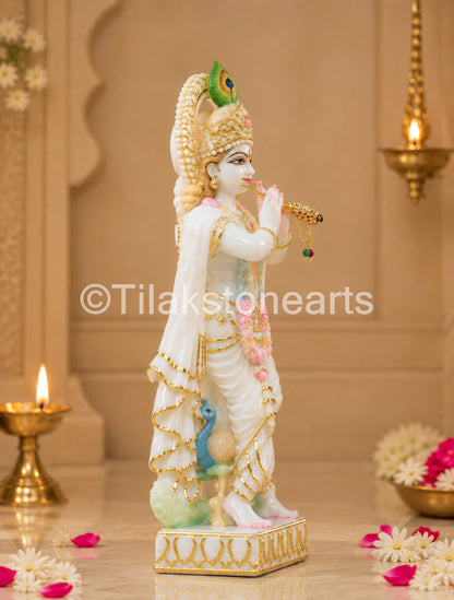 The Divine Murlidhar Krishna Ji 18” Vietnam Pure White Marble Idol