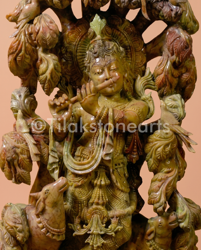 Lord Krishna 34” Natural Oakwood Stone Idol