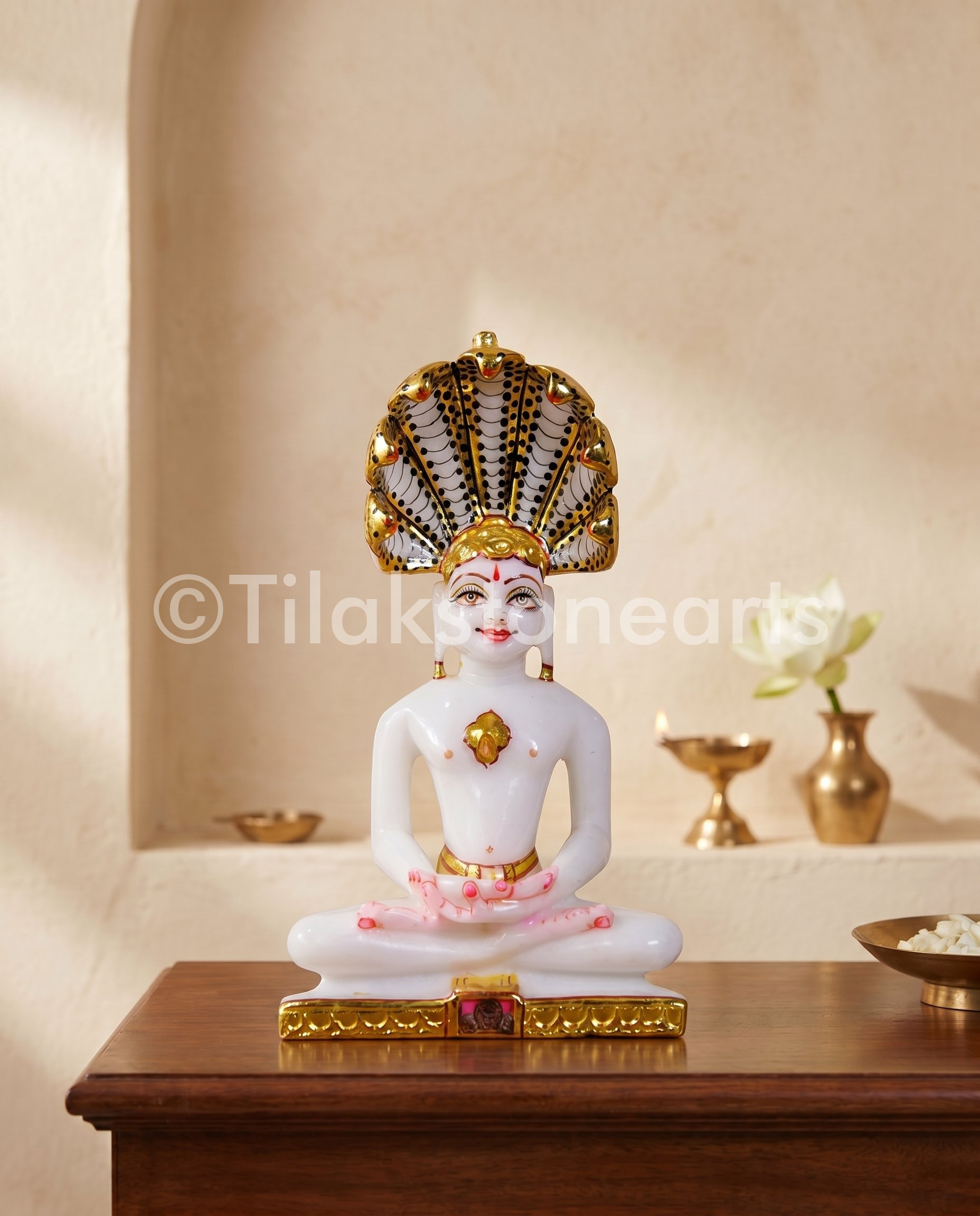 Parshwanath Nageswar Jain God 7" Vietnam Pure White Marble Idol