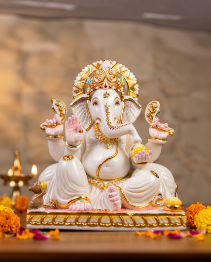 Lord Ganpati Ganesha 15" Vietnam Pure White Marble Idol
