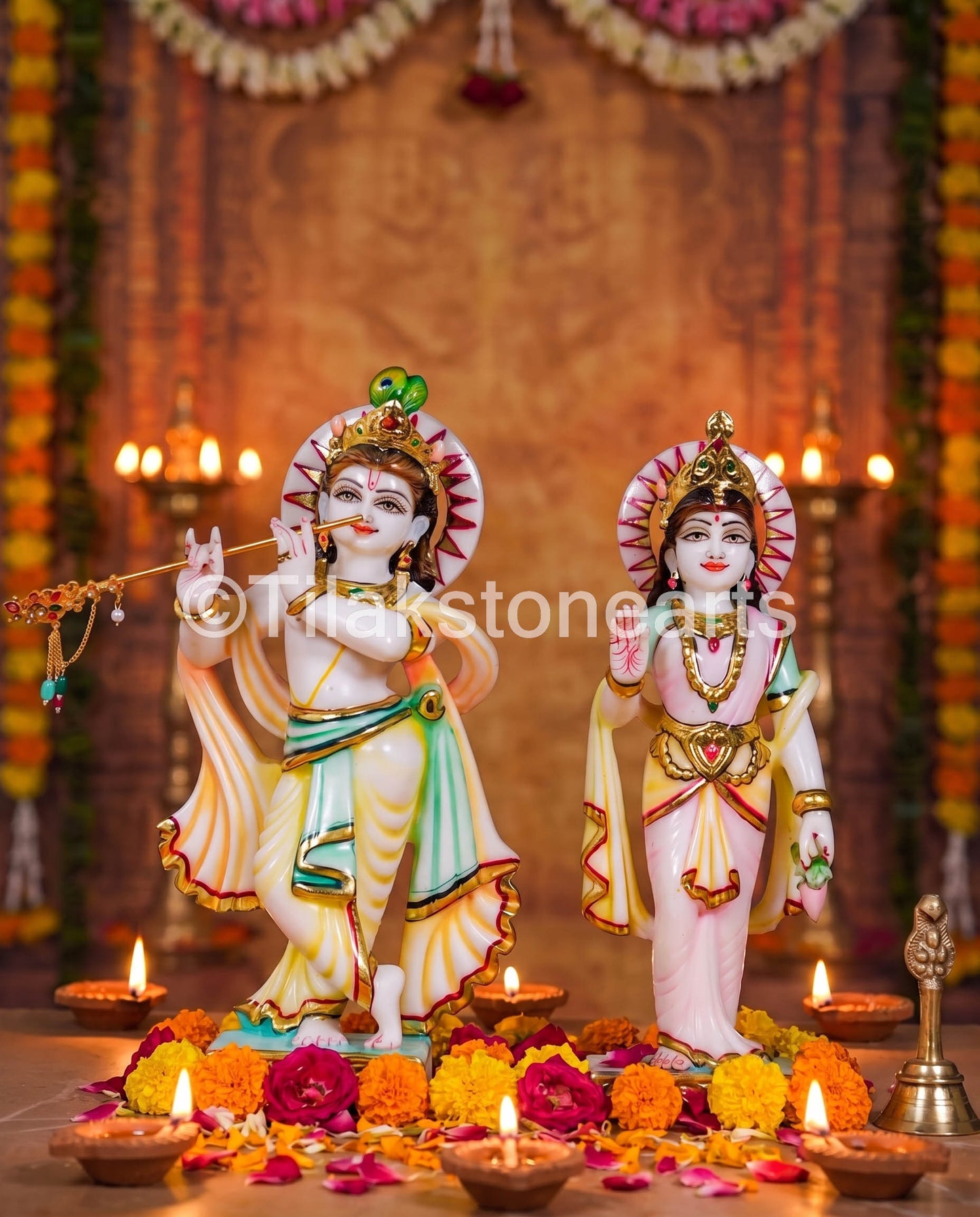 The Divine Radha Krishna Pair 12" Vietnam Pure White Marble Idol