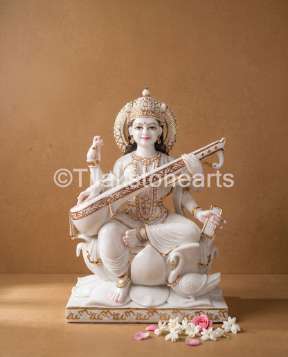 Gyan Devi Saraswati Mata 36" Vietnam Pure White Marble Idol