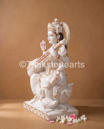 Gyan Devi Saraswati Mata 36" Vietnam Pure White Marble Idol
