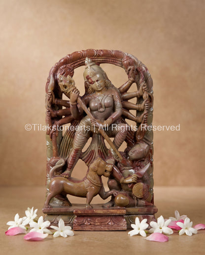 Maa Durga Shakti Defeating Mahisura Idol 9" Pure Natural Oakwood Stone