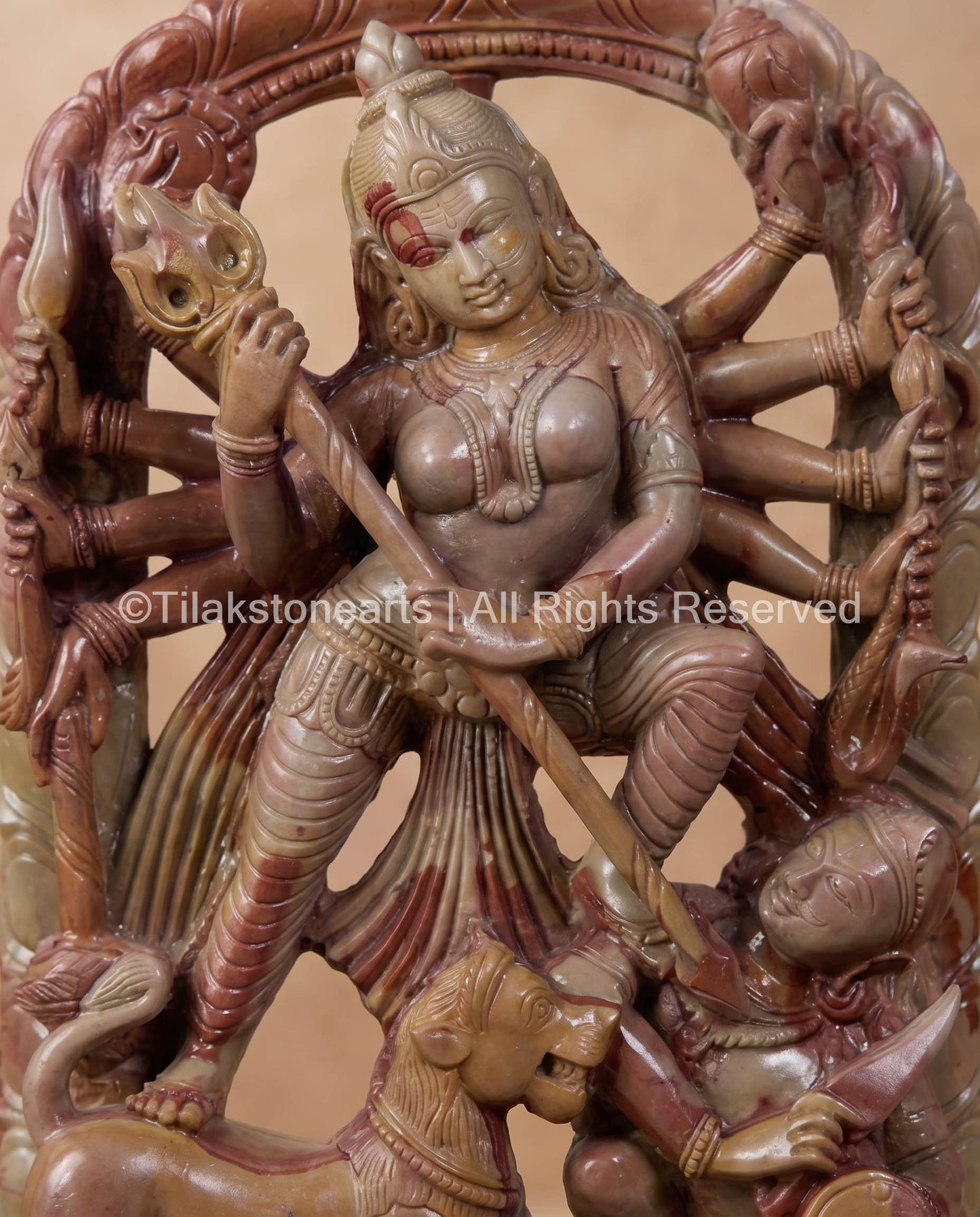 Maa Durga Shakti Defeating Mahisura Idol 9" Pure Natural Oakwood Stone