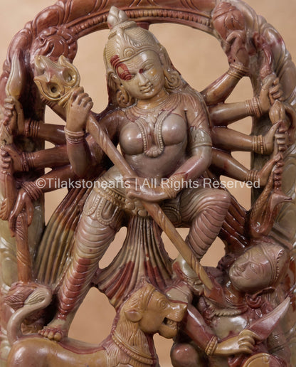 Maa Durga Shakti Defeating Mahisura Idol 9" Pure Natural Oakwood Stone