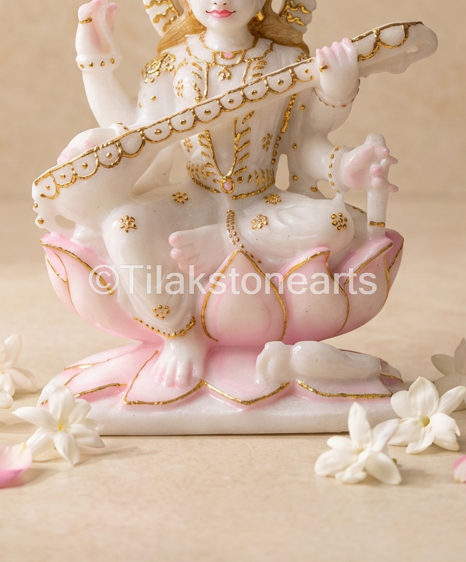 Gyan Devi Saraswati Mata 7" Vietnam Pure White Marble Idol