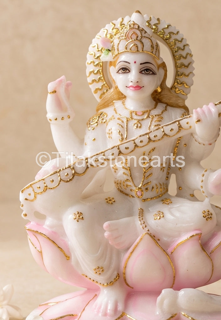 Gyan Devi Saraswati Mata 7" Vietnam Pure White Marble Idol