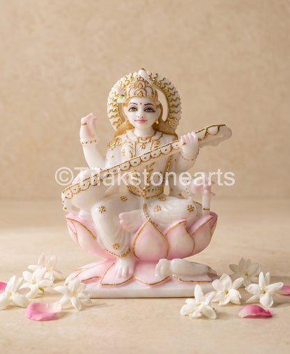 Gyan Devi Saraswati Mata 7" Vietnam Pure White Marble Idol