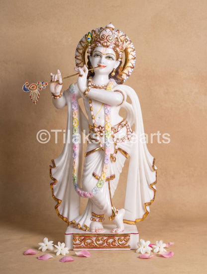 The Divine Radha Krishna Pair 24" Vietnam Pure White Marble Idol