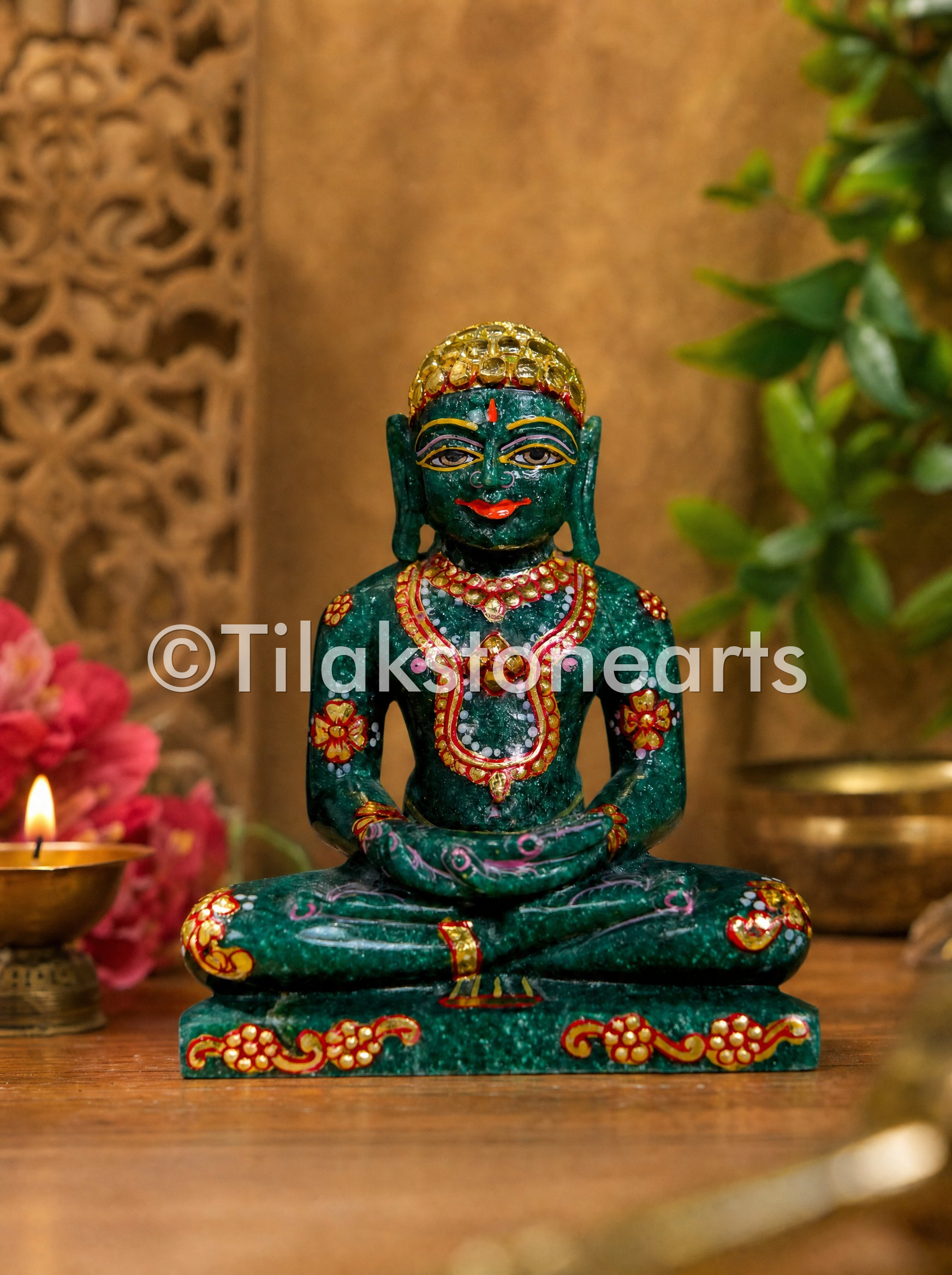 Bhagwan Mahaveer Jain God 5" Natural Green Marble Idol