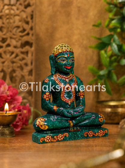 Bhagwan Mahaveer Jain God 5" Natural Green Marble Idol